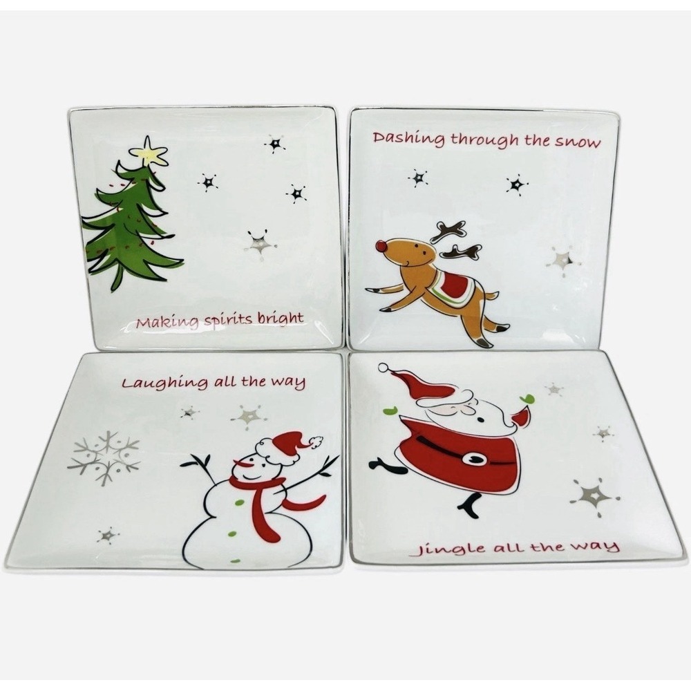 North Pole Trading Co Set of 4 Modern Jingle Appetizer Plates Christmas 6" White